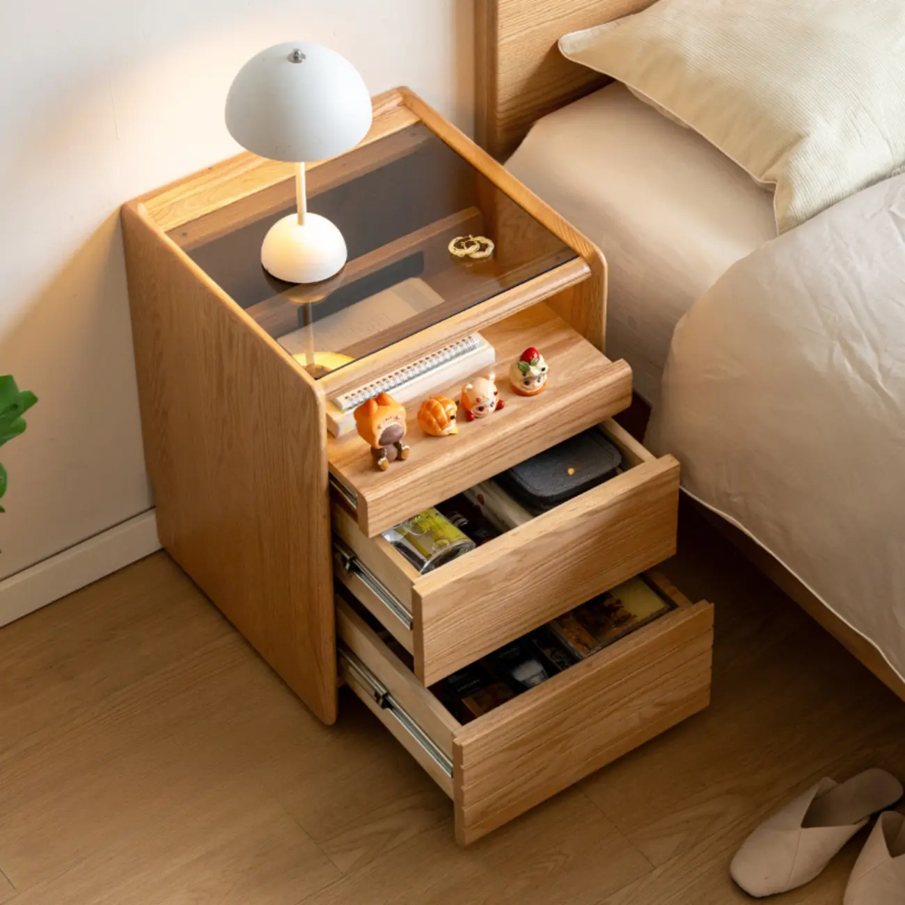 Natural Wooden Multi-Drawer Nightstand with Glass Top