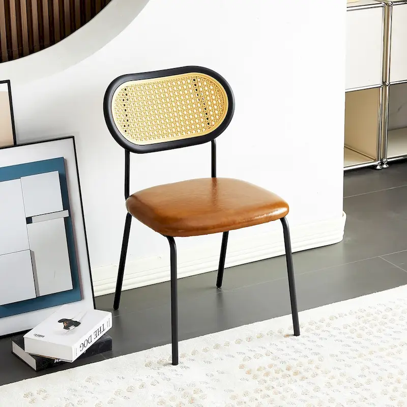 Modern Simple Leather Dining Chair with Metal Pipe and PP Back