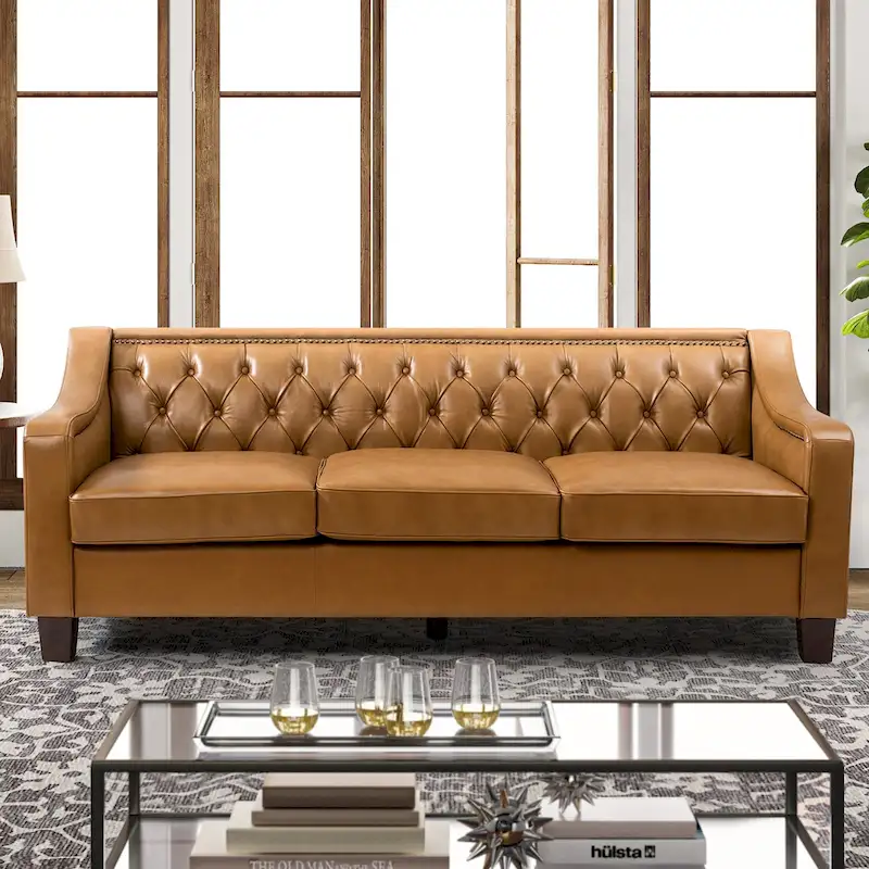 Mateo 82.28 Wide Transitional Genuine Leather Sofa with Nailhead Trim and Button-Tufted Back