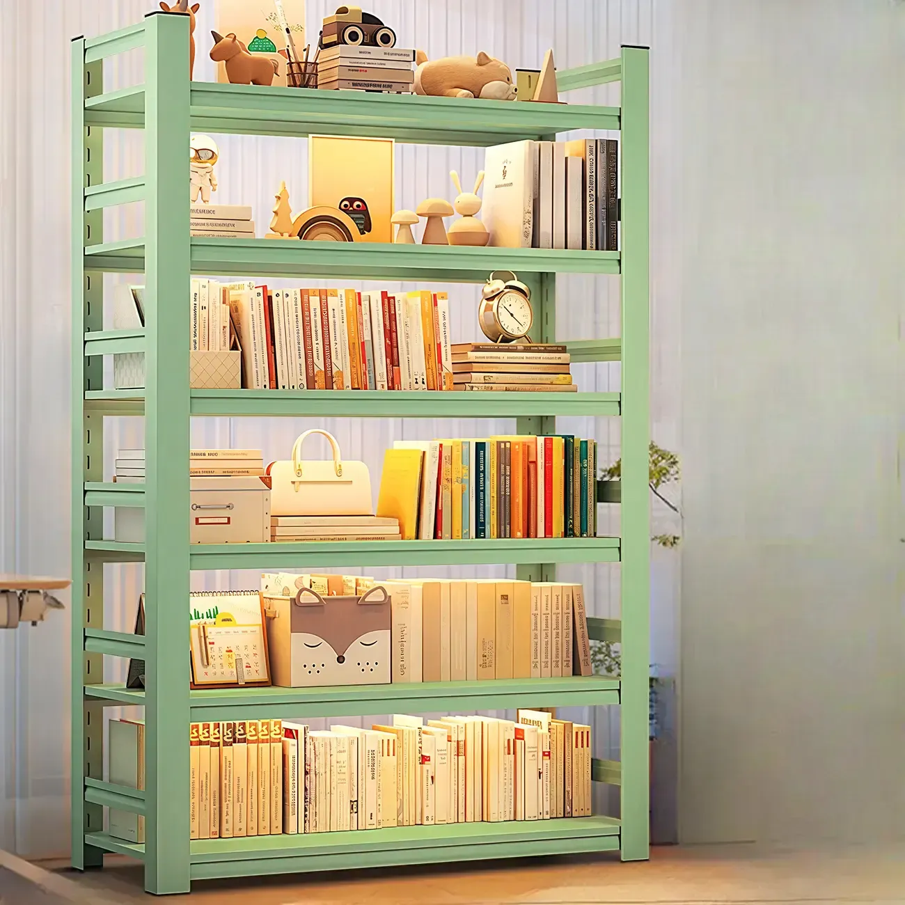 Multi-functional Vertical Green Steel 5-Shelf Bookshelf