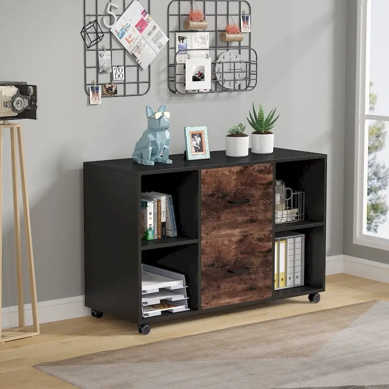 Wood File Cabinet with 2 Drawers and 4 Open Shelves Office Storage Cabinet