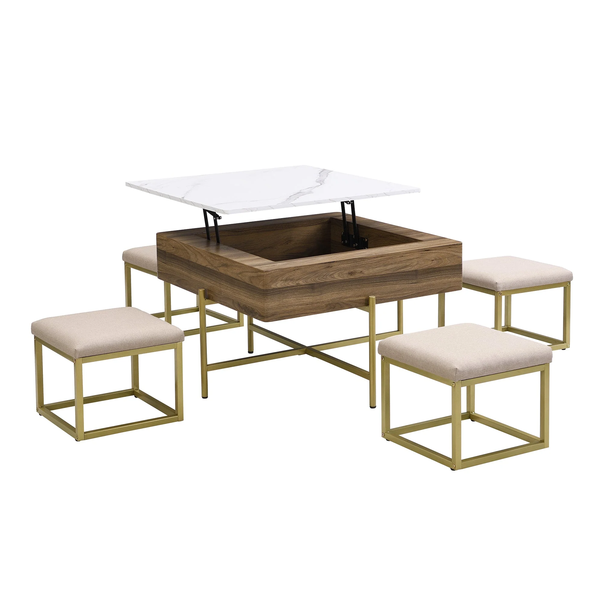 Walker Edison | Modern Square Lift-Top Coffee Table Set with 4 Ottomans