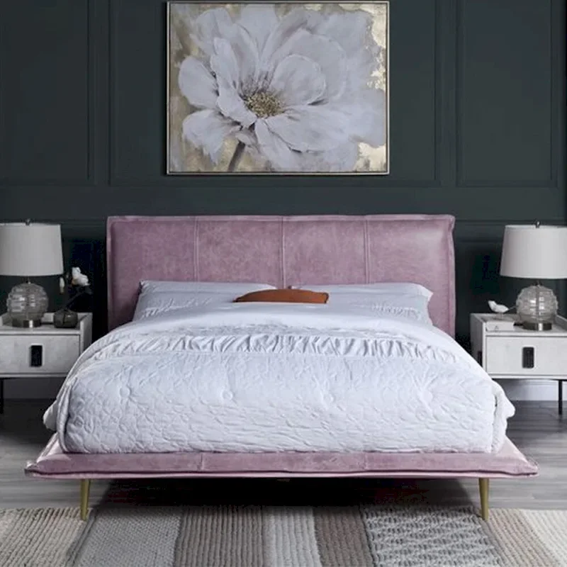 Top Grain Leather Eastern King Bed with Metal Legs in Pink Finish