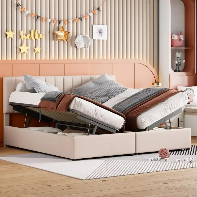 King Size Lift Up Storage Bed with Headboard and Underneath Storage, Upholstered Platform Bed with a Hydraulic Storage System