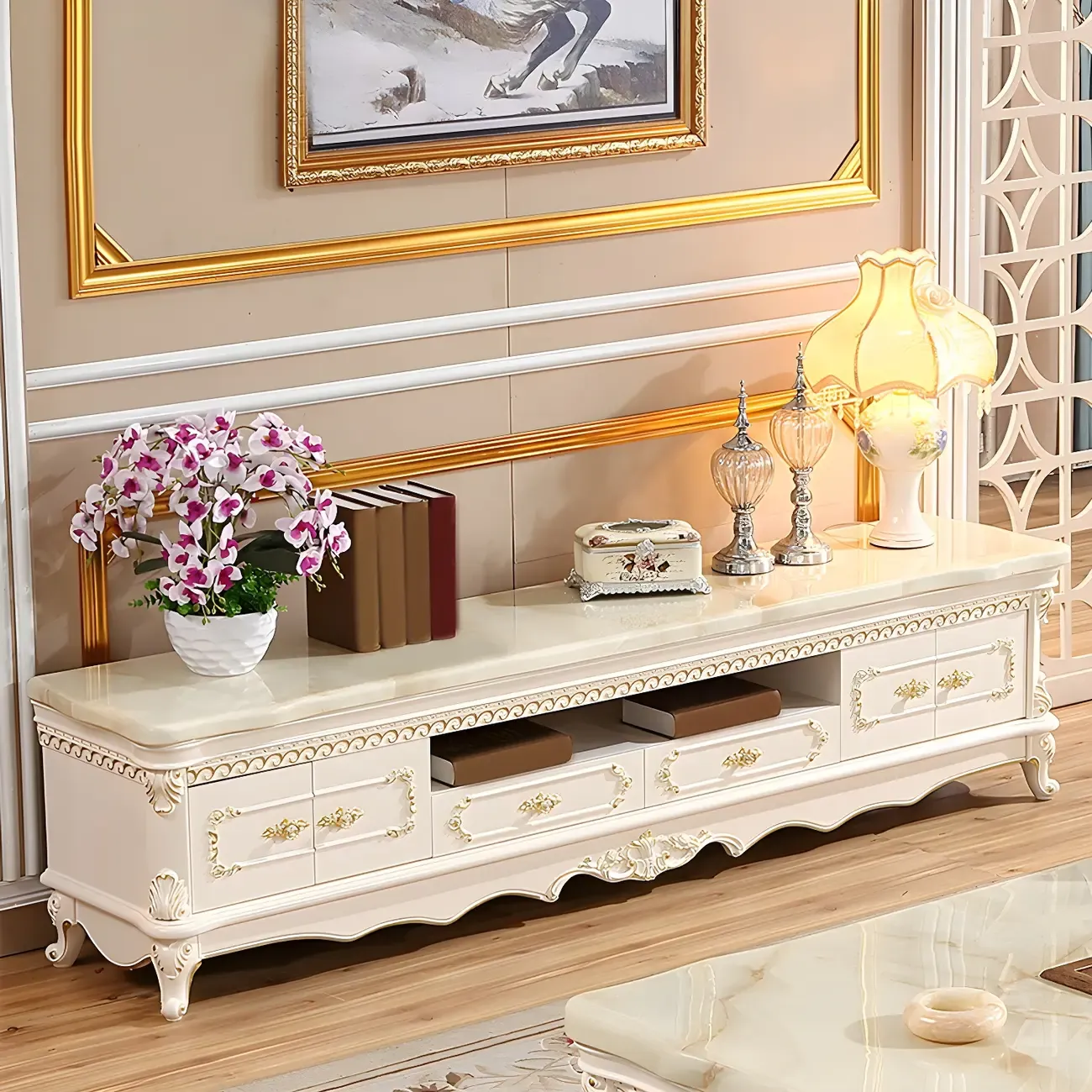 Glam Marble Top TV Stand with Drawers for Living Room