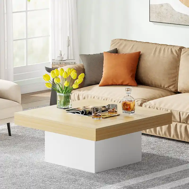 Farmhouse Coffee Table Square LED Coffee Table Engineered Wood Coffee Table