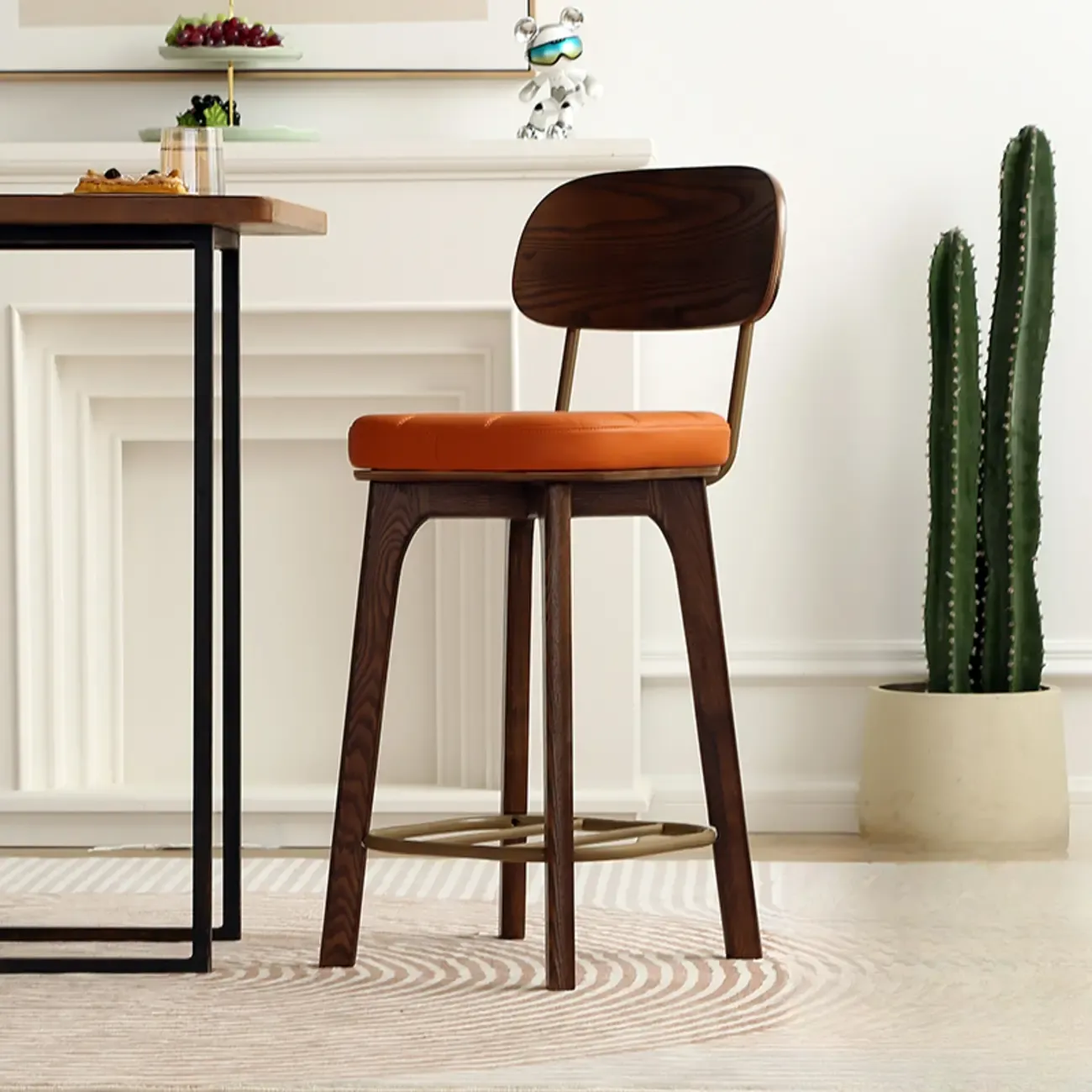 Wooden Square Leather Upholstered Bar Stool with Backrest