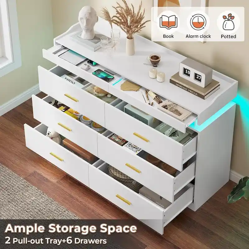 6 Drawer Dresser 2 Pull-Out Tray LED Light Chest of Drawers