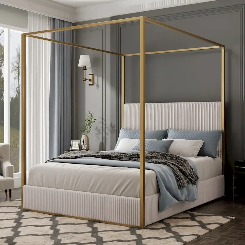 Metal Canopy Frame Platform Bed with Vertical Stripe Upholstered Headboard Wingback Bed, Four Poster Bed, Low Profile Panel Bed
