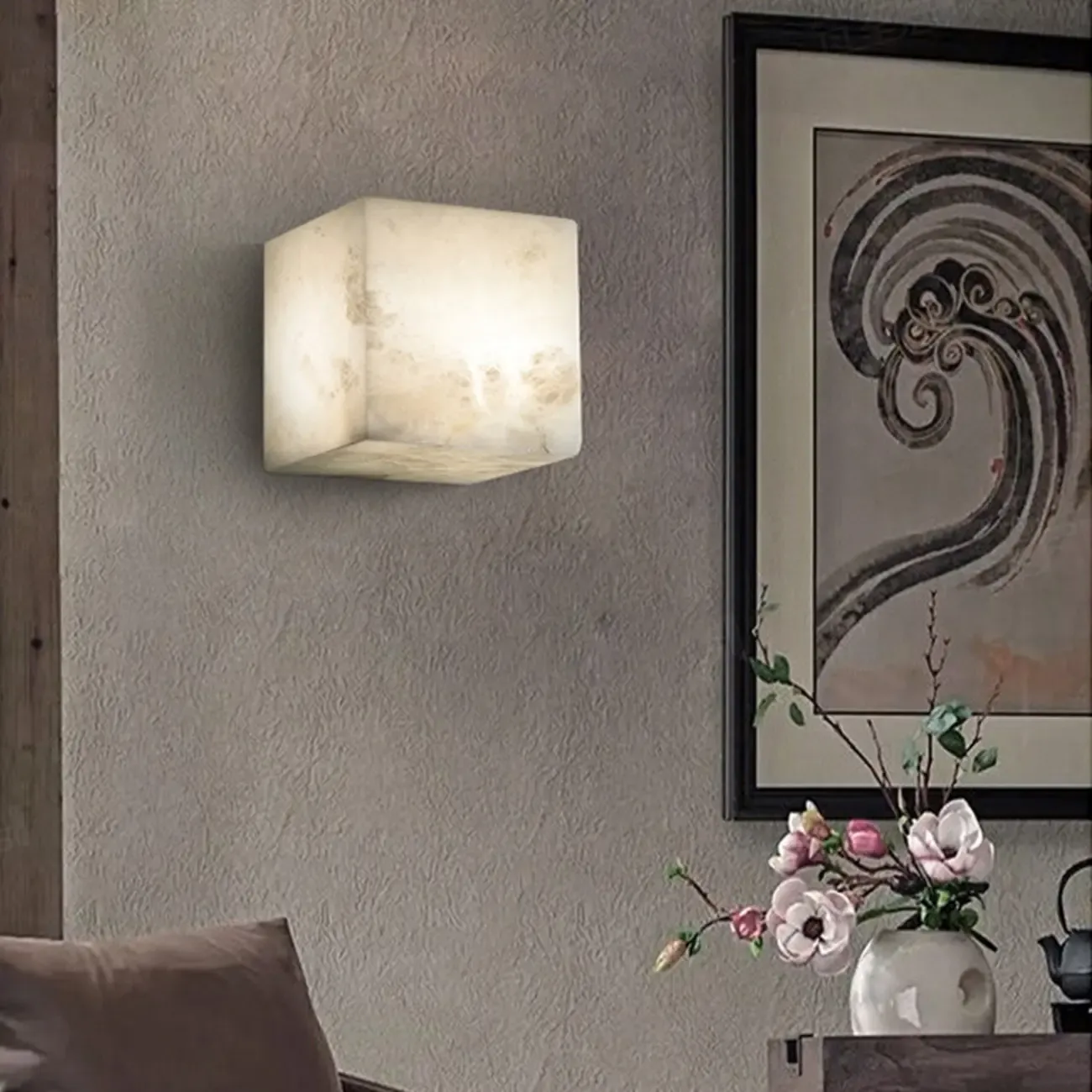 Contemporary Gray-white Cubic Alabaster Indoor Wall Sconce