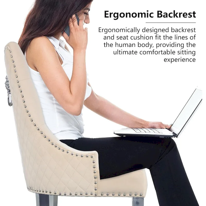 Velvet Dining Chairs Set of 2, Upholstered Tufted Nailhead Dining Room Chairs with Stainless Steel Legs & Lion Head Pull Ring