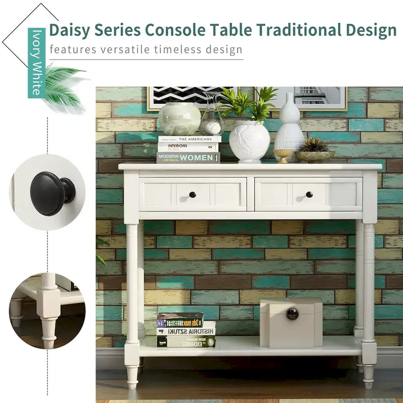 Daisy Series Console Table Traditional Design with Two Drawers and Bottom Shelf Acacia Mangium
