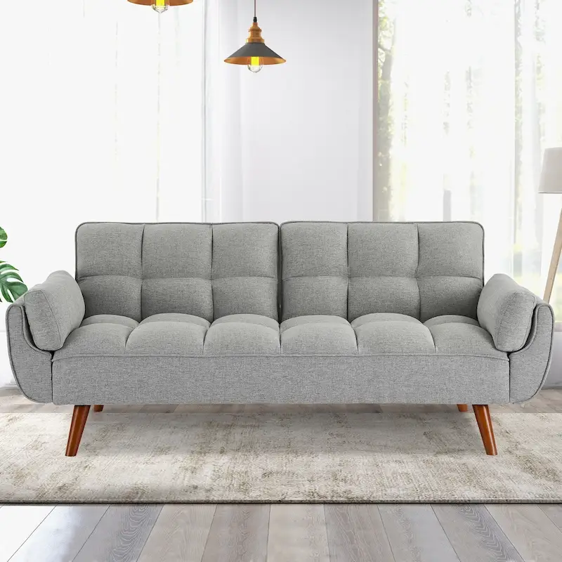 Convertible Futon Sofa Bed, Tufted Linen, Wood Legs, 3-Position Backrest, 500 lbs, Seats 2, Beige/Grey/Green/Yellow