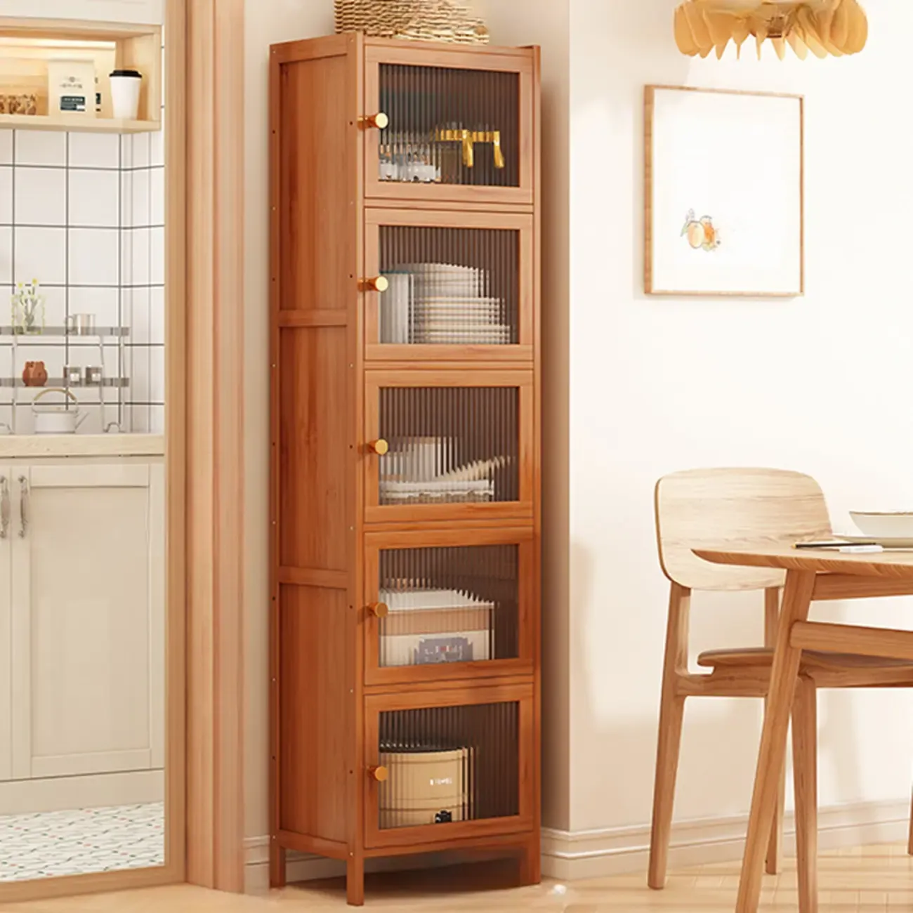 Modern Narrow Bamboo Buffet with Wooden Countertop