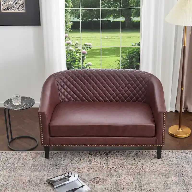 KINWELL 50W Tufted Faux Leather Upholstered Small Loveseat Sofa