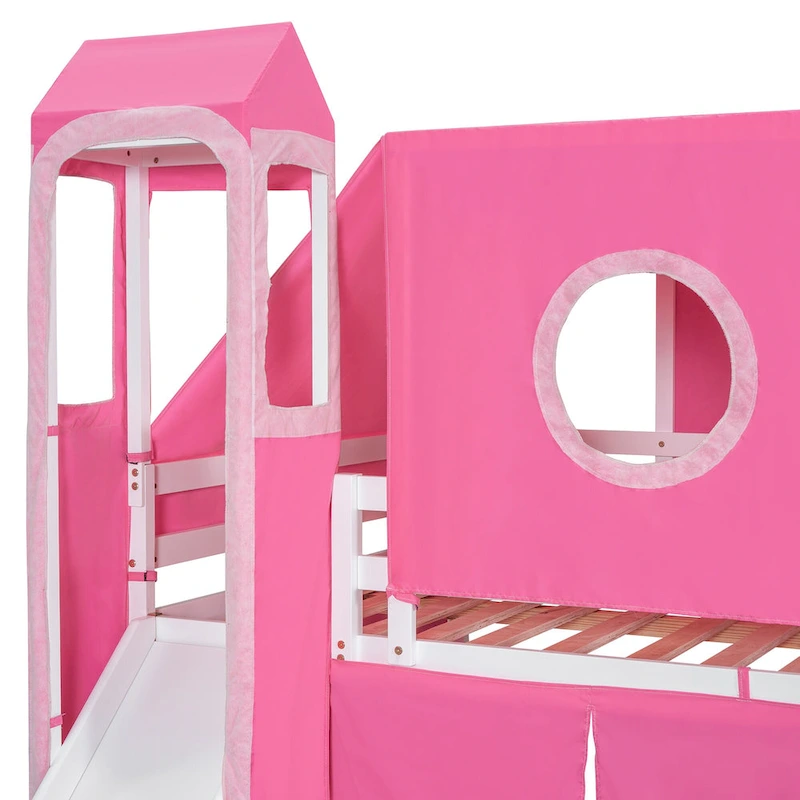 Full Loft Bed with Castle Tent & Tower and Solid Wood Frame, 400lb Capacity, Playhouse Design