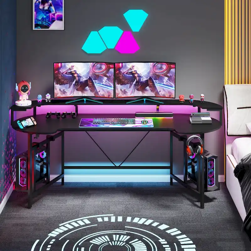 Gaming Desk with Monitor Shelf, 75 inch PC Computer Desk with LED Strip
