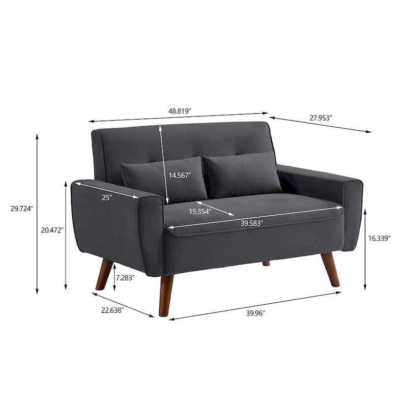 48.82 Small Tufted Loveseat Sofa with 2 Pillows and Tapered Wood Legs