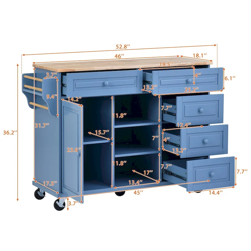 Rubber Wood Desktop Kitchen Cart Featuring Five Drawers, Concealed Cabinet, Adjustable Shelves and Smooth Rolling Wheels