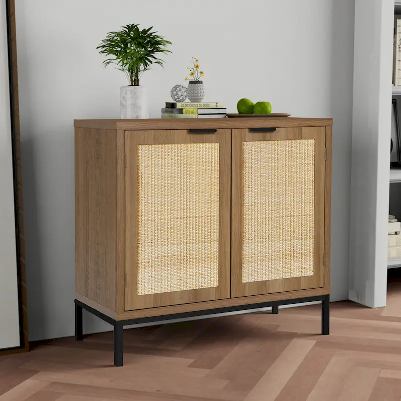 Anmytek Mid-Century Modern Rattan Accent Storage Cabinet Wood Sideboard Buffet with 2 Doors