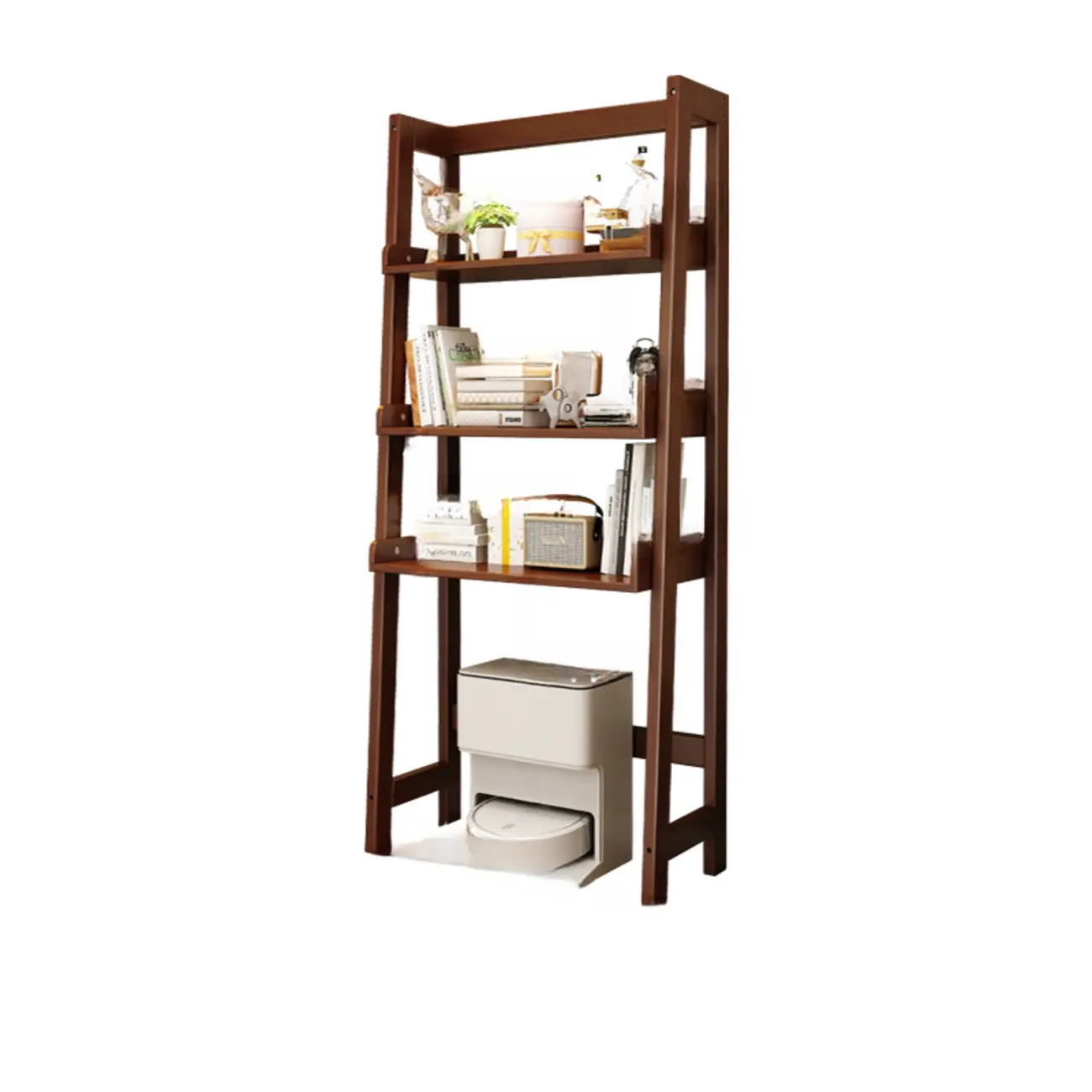 Narrow Modern Rubberwood Ladder Bookcase Open Back