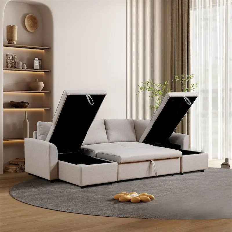 U-Shape Pull-out Sleeper Sectional Sofa with Double Storage Spaces