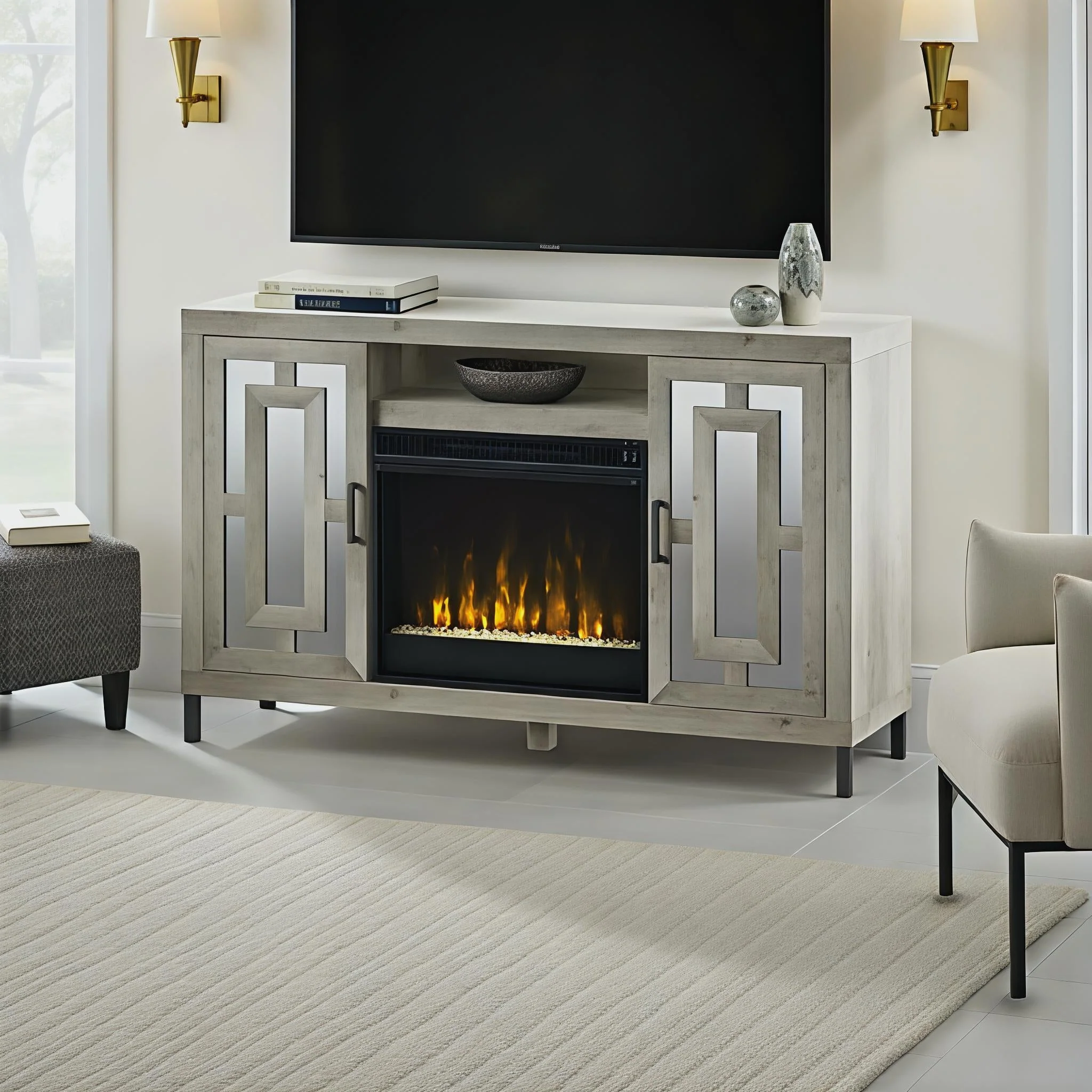 Mirrored Cabinet Door with 23 Electric Fireplace TV Stand Media Console