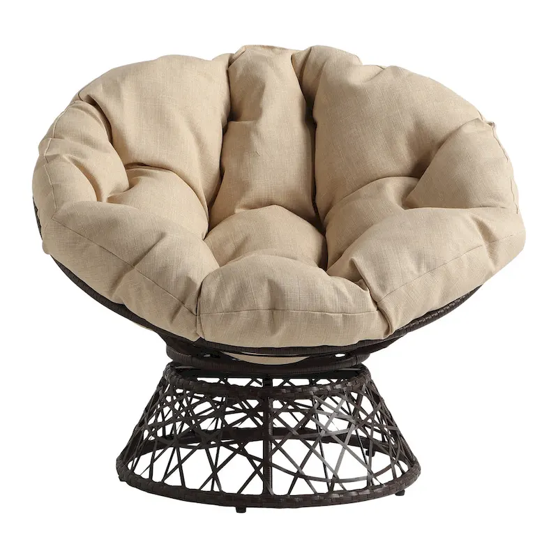 Papasan Chair with Cream Round Pillow Cushion and Brown Wicker Weave