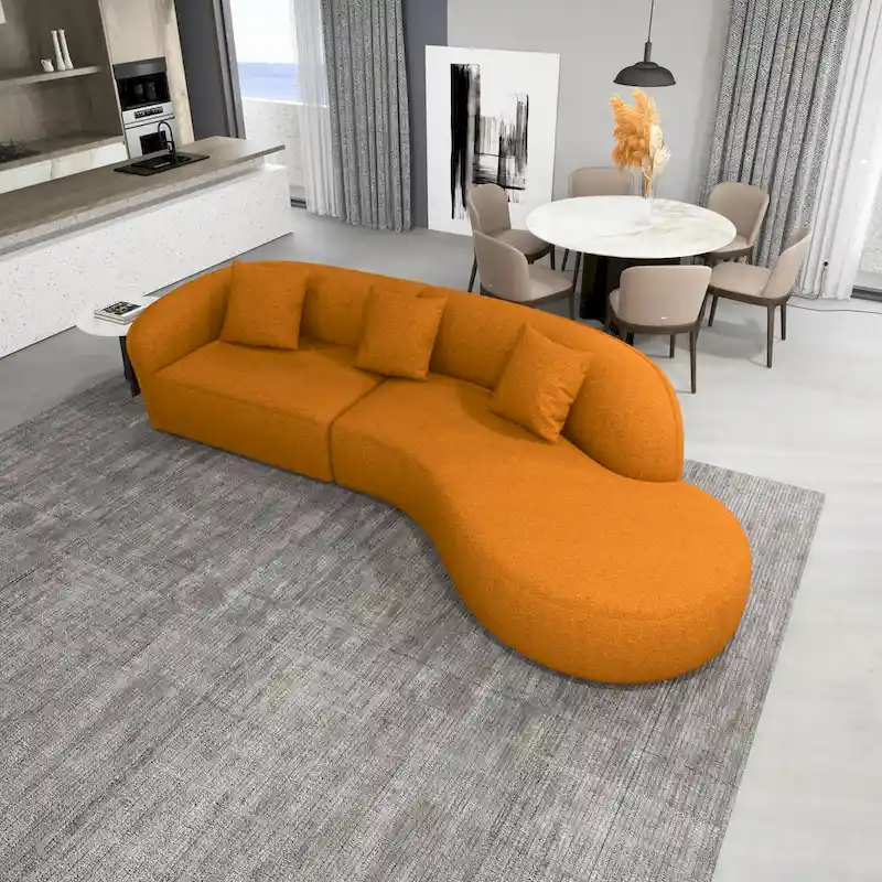Japandi Curved Sofa with French Boucle Upholstery – Beige / Burnt Orange, Seats 2–3