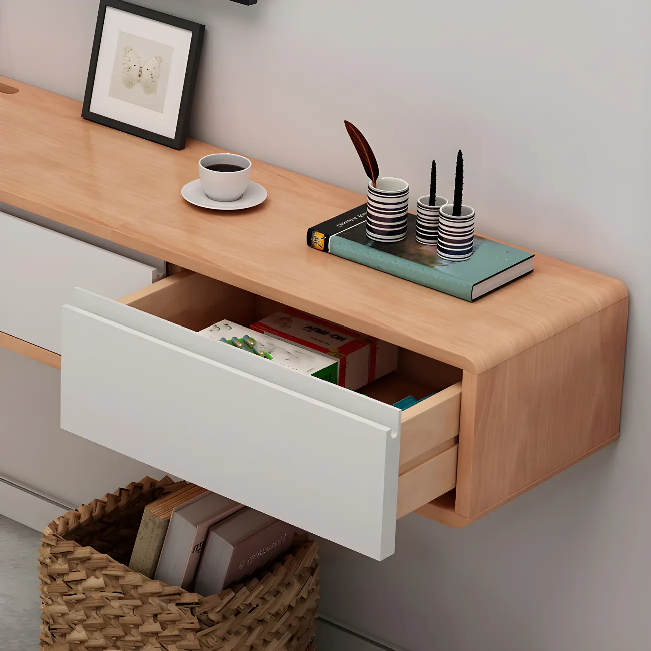 Scandinavian Wood Floating TV Stand with Cabinet