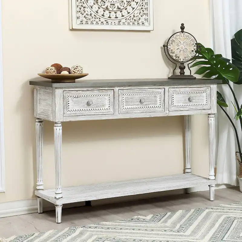 Farmhouse Distressed Wood and Metal 3-Drawer Console Table