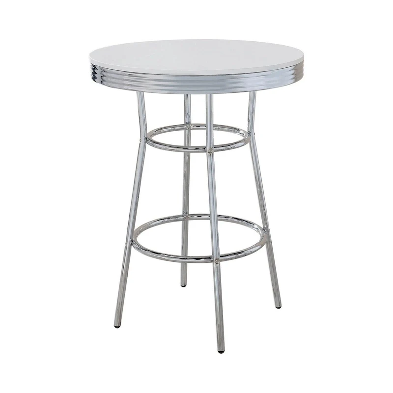 42 Inch Round Bar Table, Ribbed Apron, Glossy White Lacquer, Retro Style
