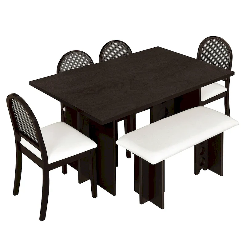 Modern Double Pedestal 6-Piece Dining Table Set with 4 Dining Chairs & 1 Bench