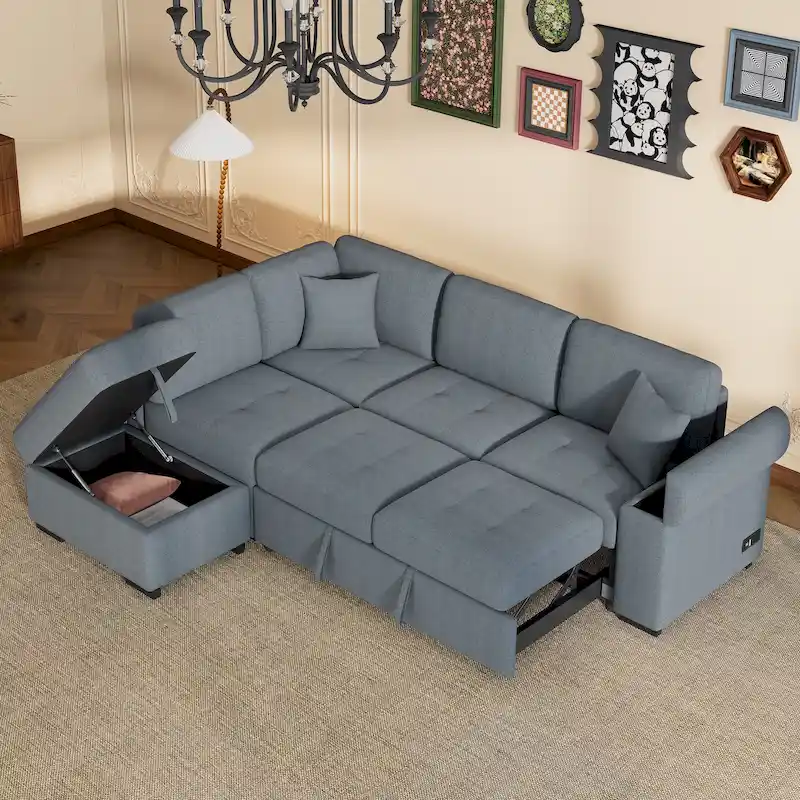 84.75 L-Shaped 5-Seat Sleeper Sectional Sofa with Storage Ottoman, Hidden Arm Storage, and USB Charging for Living Room