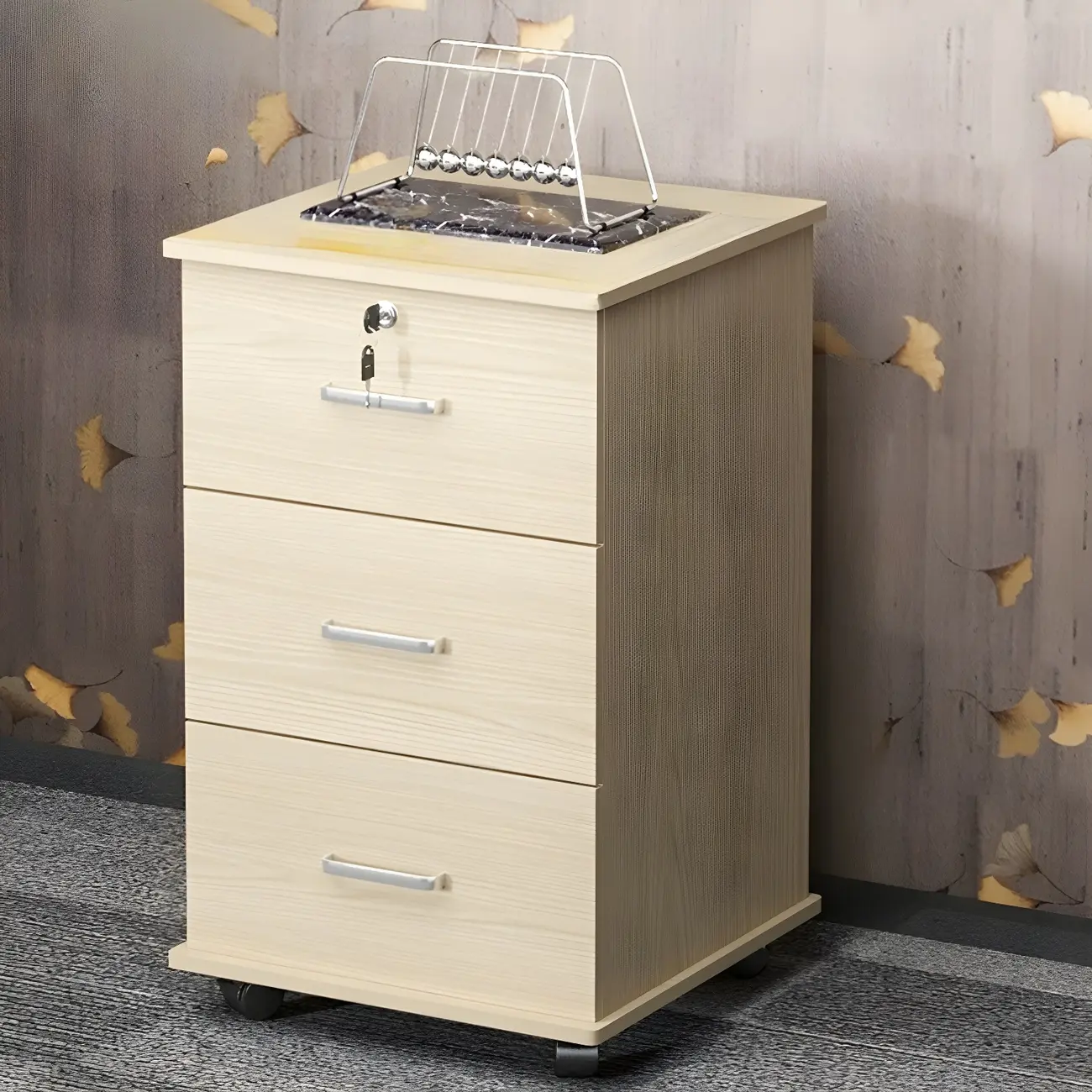 Lokable Brown-White Wood 3 Drawers Mobile Filing Cabinet