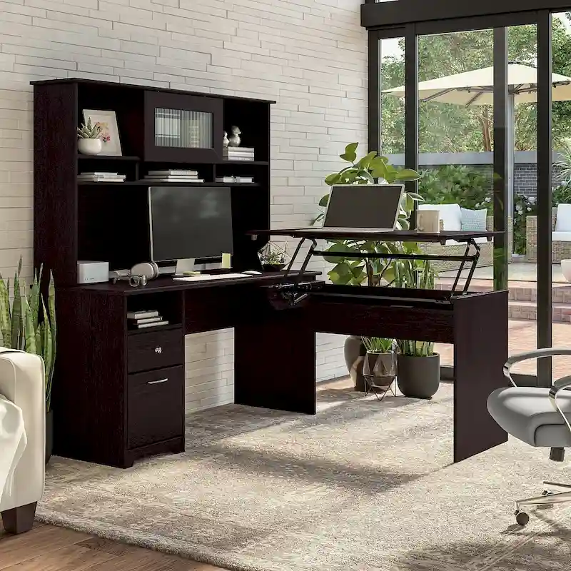 60W 3-position L-shaped Sit to Stand Desk with Hutch by
