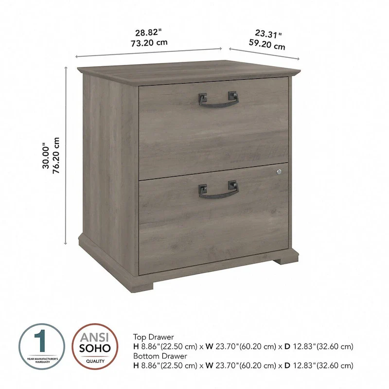 Farmhouse Lateral File Cabinet, 2-Drawer, Linen White Oak / Driftwood Gray, Single User