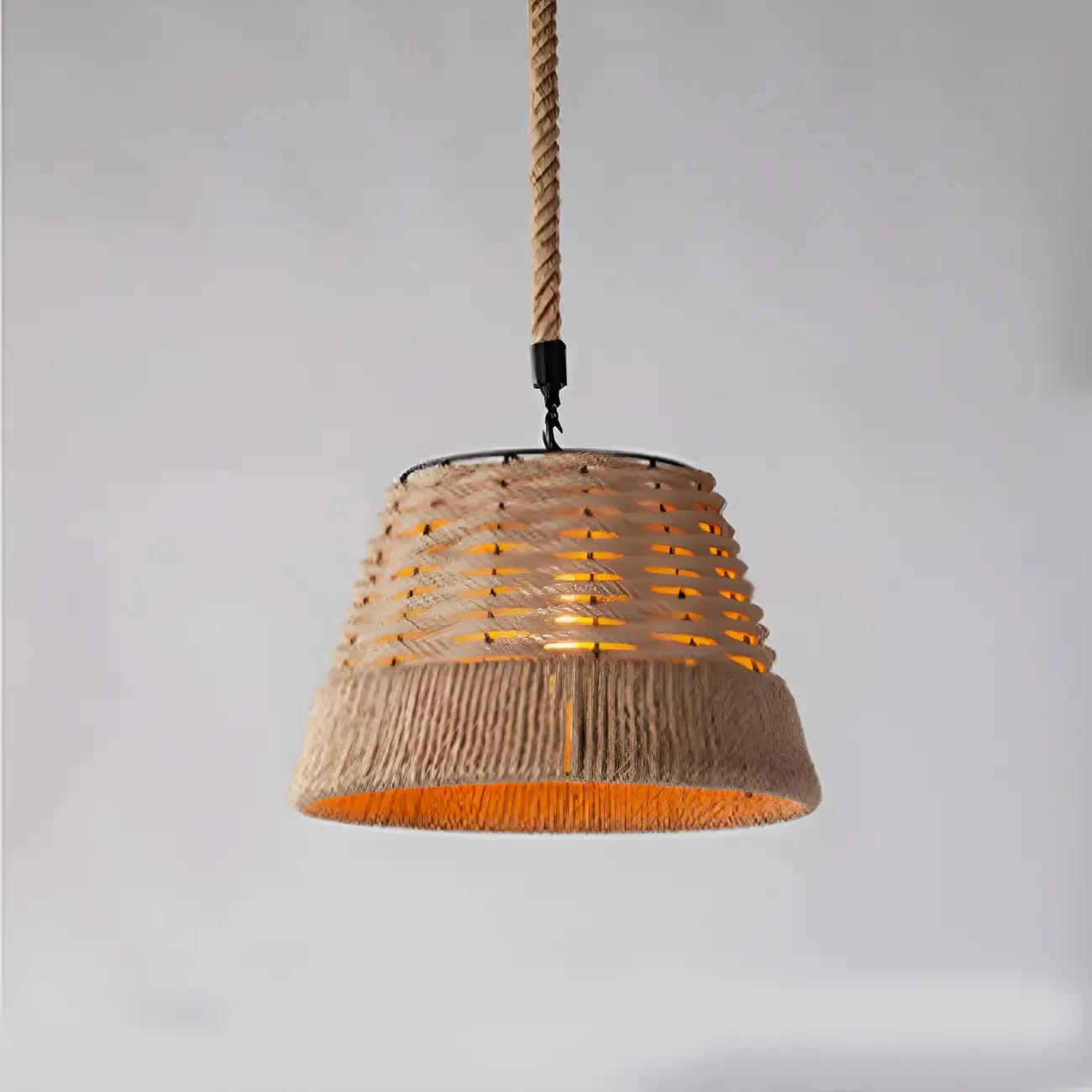 Industrial Rattan Black Metal Hemp Rope Pendant Light