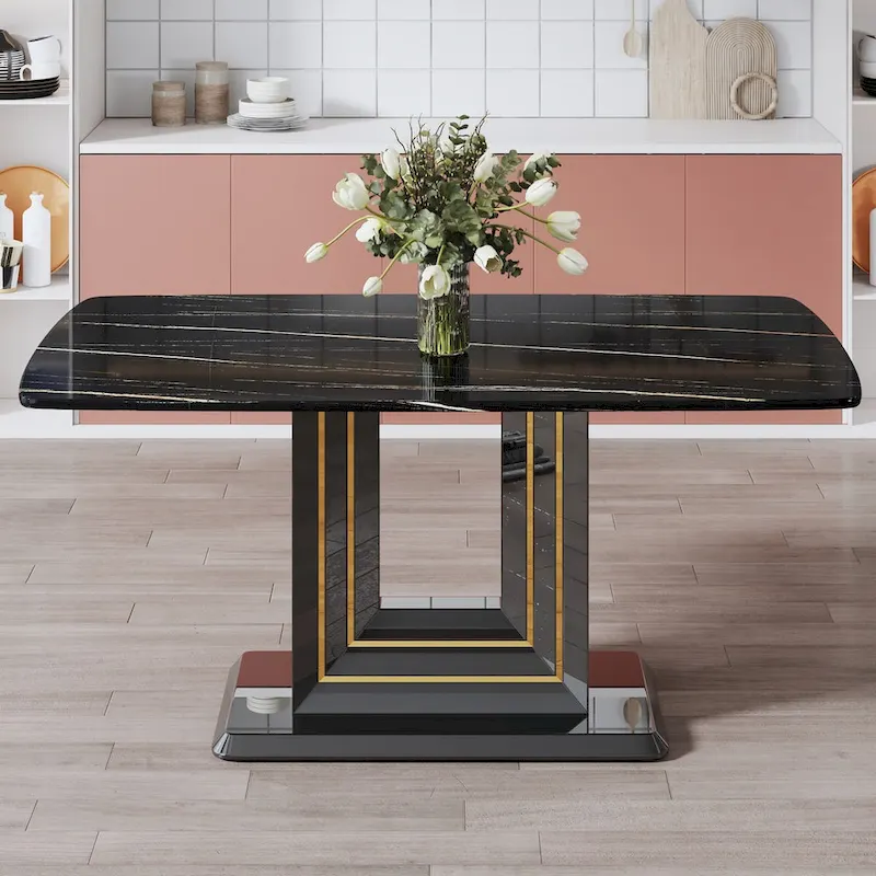 Dining table. Black imitation marble pattern desktop. Black MDF table legs, gold lines, black base