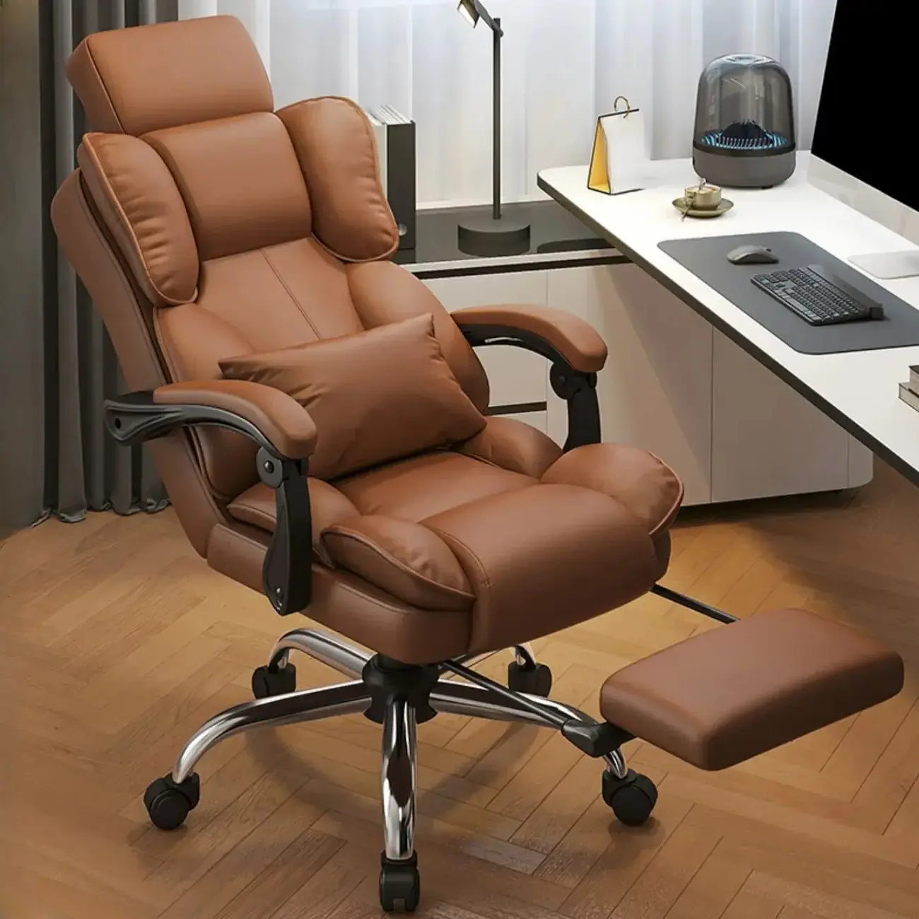 Ergonomic Brown Leather Reclining Office Chair