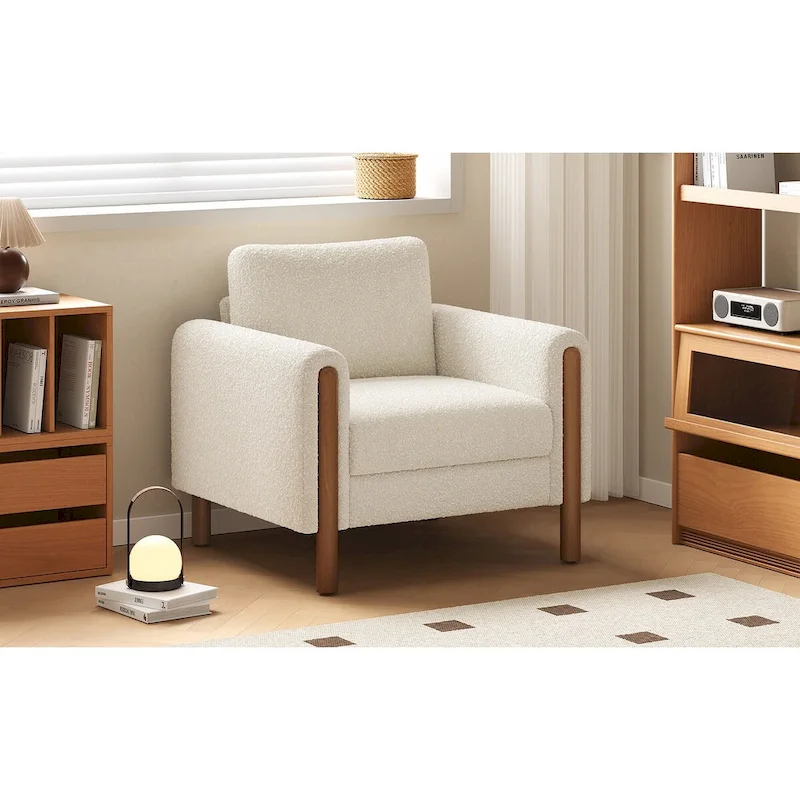 White 33.5 Upholstered Accent Chair with Walnut Legs and Curved Handrail