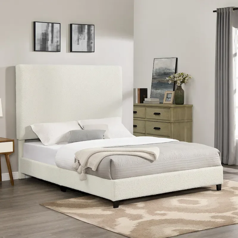 Tall White Boucle Panel Headboard Upholstered Platform Bed