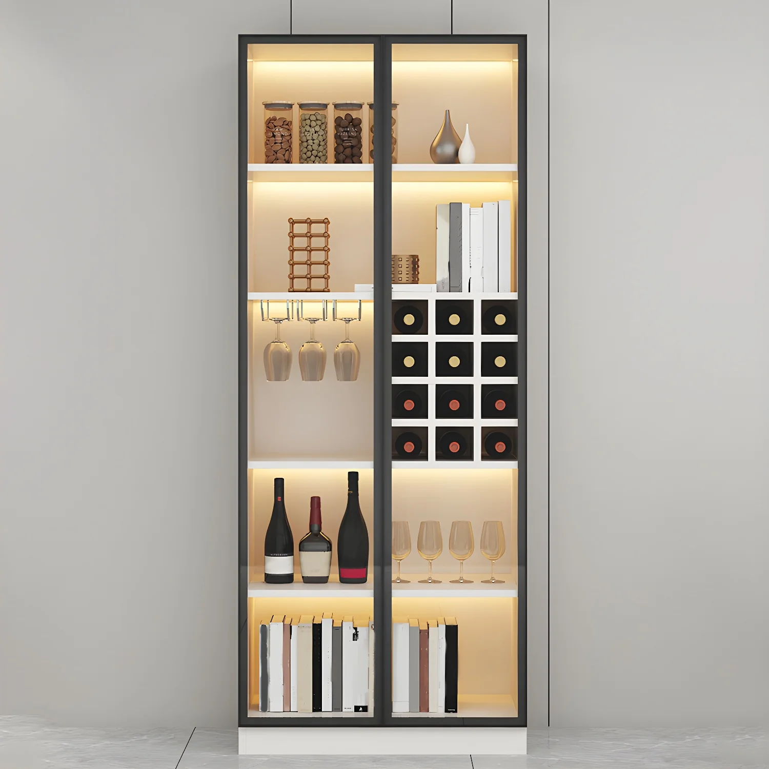 Lighting Modern Freestanding Black Wooden Wine Cabinet