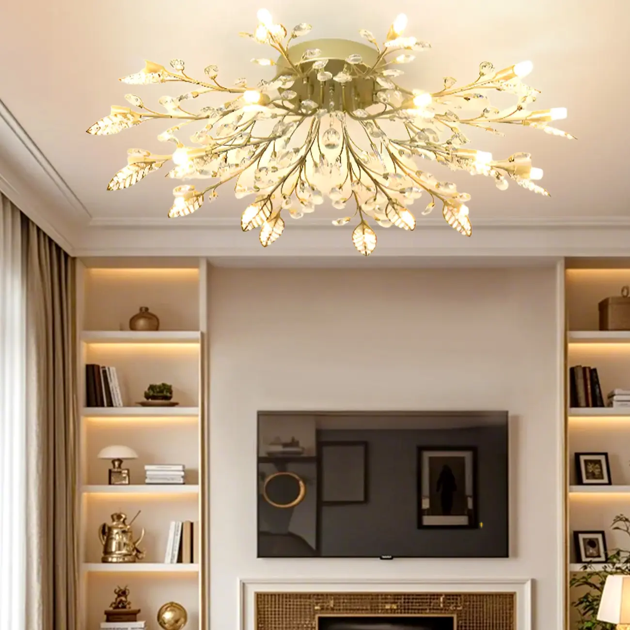 Elegant Golden Branch Crystal Semi Flush Ceiling Light