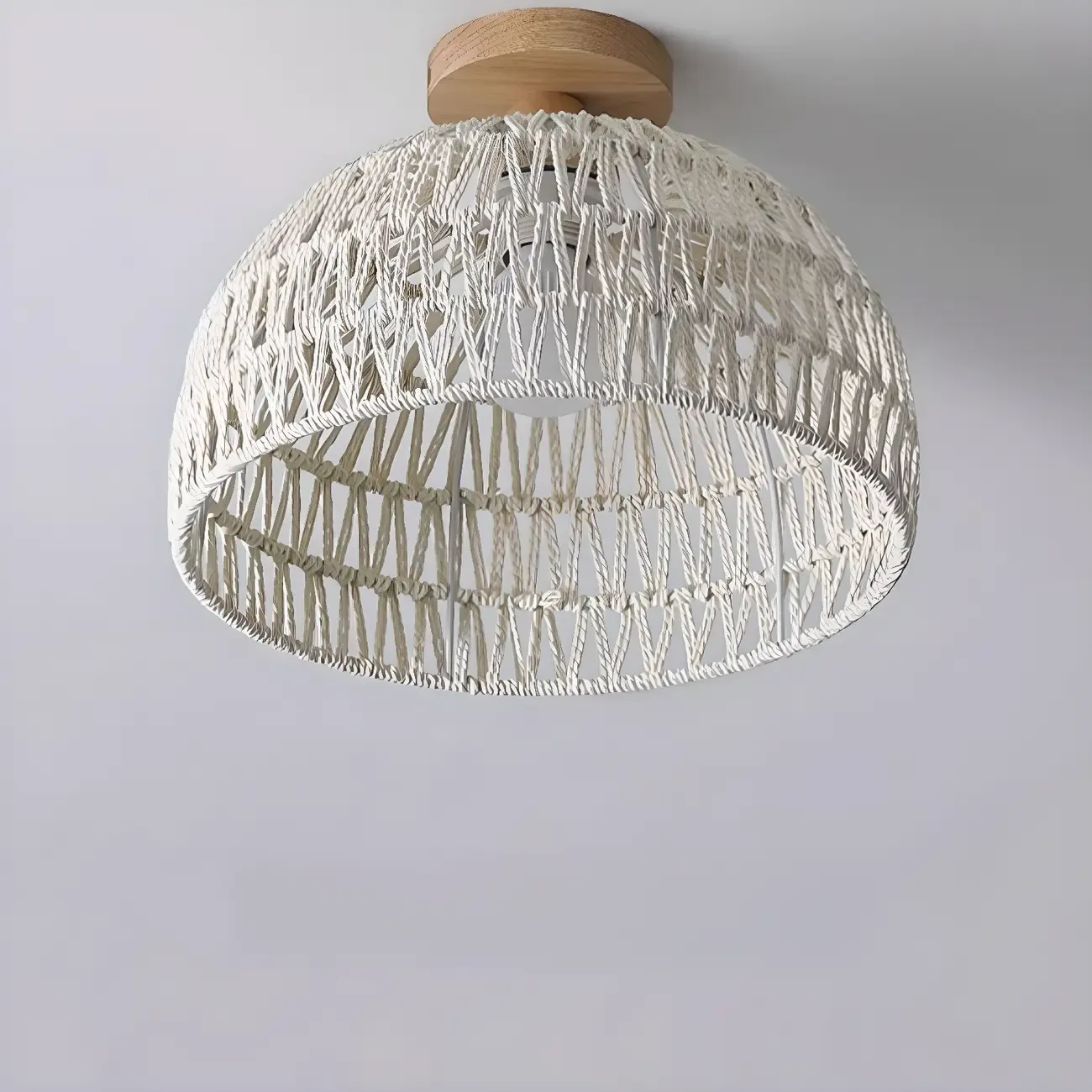 Natural Finish Semi Flush Ceiling Light with Rope Dome Shade