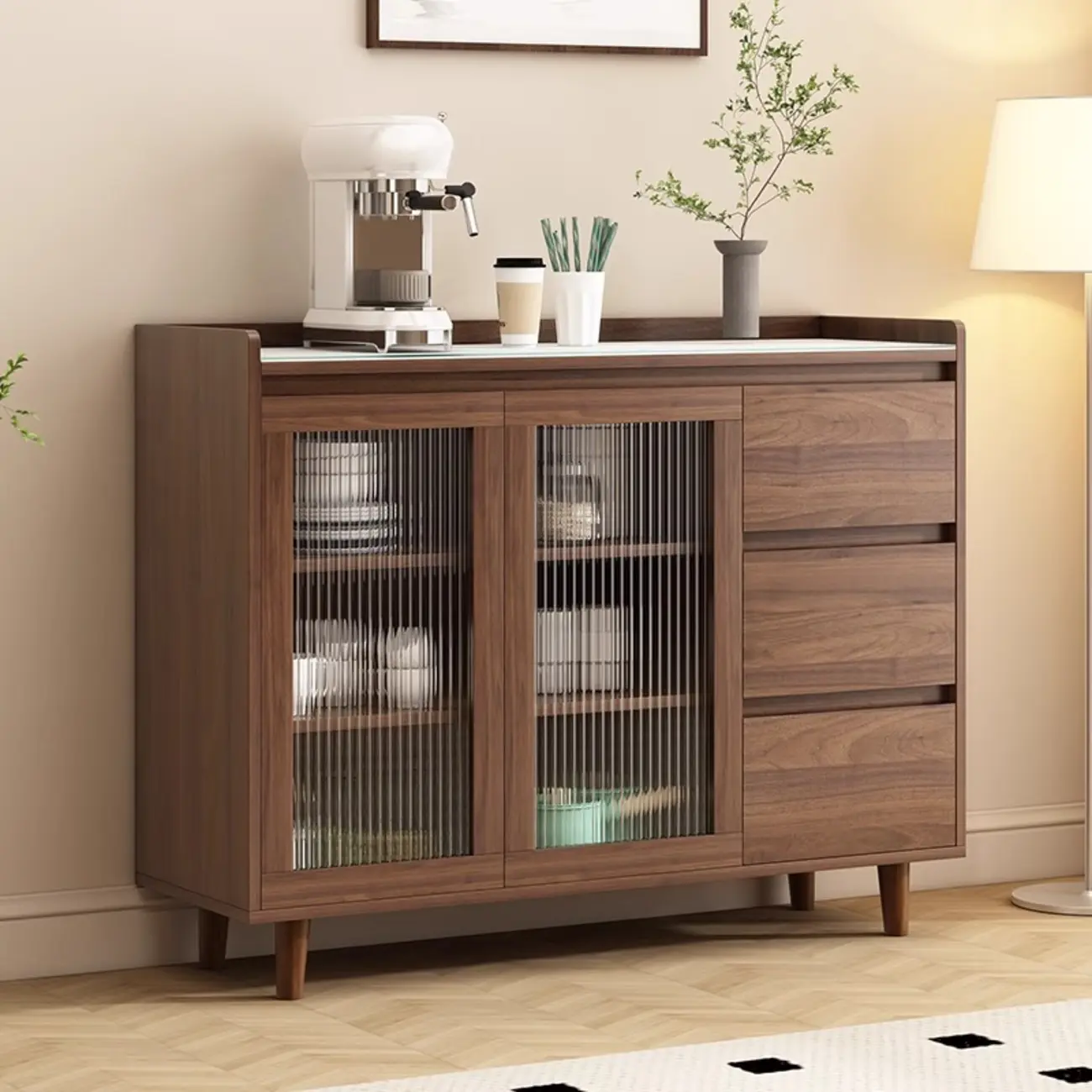 Modern Wood Sideboard with Glass Countertop