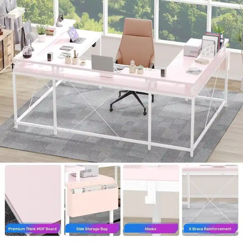 Reversible Shaped Large Computer Desk with Power Outlets