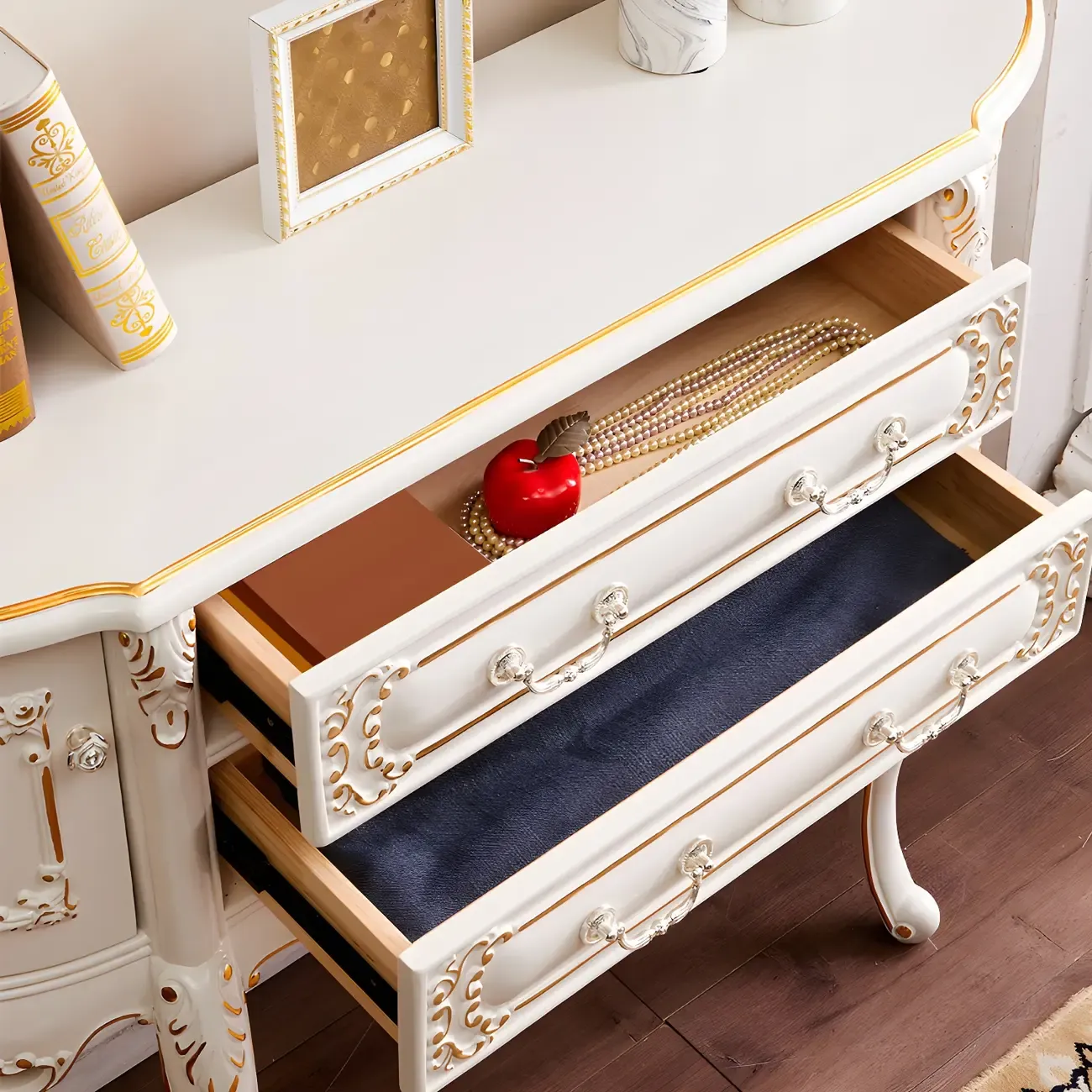 French White Wood Console Table with Drawers in Scratchproof