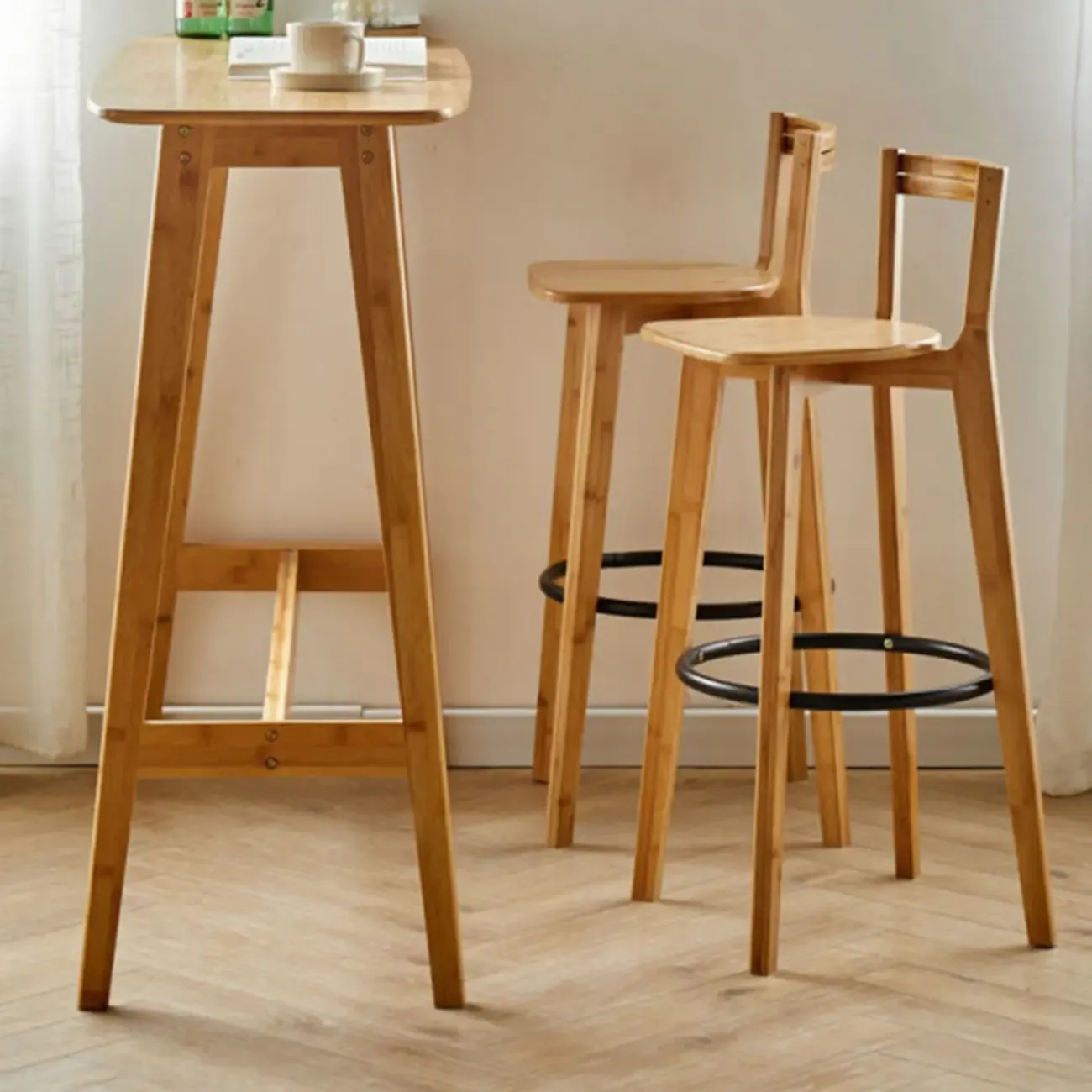 Modern Bamboo Bar Set with Footrest Stools
