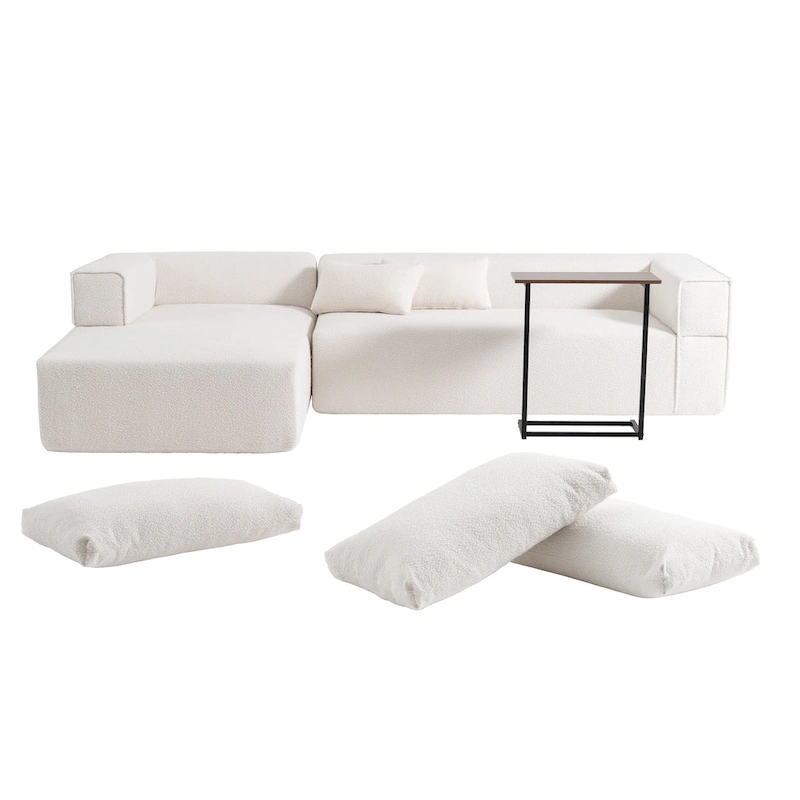 112 Boucle Modular Sectional Sofa with Free Side Table, Wide Seat Design and No Assembly Required